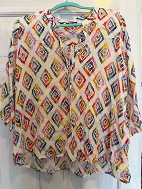 Women's White Multicolor Diamond-Print Tie-Front Tunic